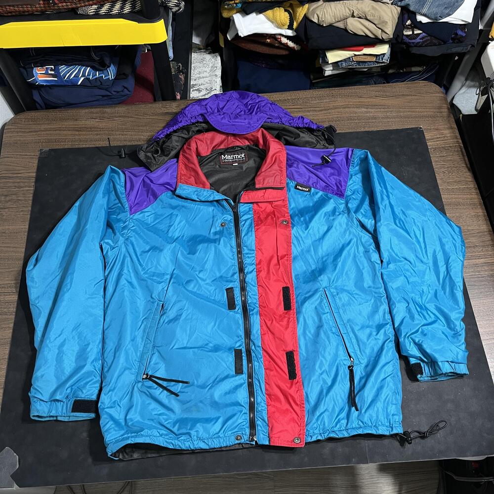 Vintage Marmot Jacket Mens Large Gore-Tex Ski Hooded Blue Purple Colorblock 90s